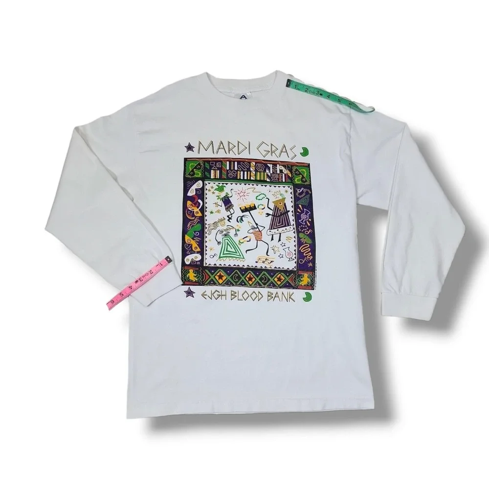 Vintage Mardi Gras JGH Blood Bank Long Sleeve‎ White AAA T-Shirt Size Meduim